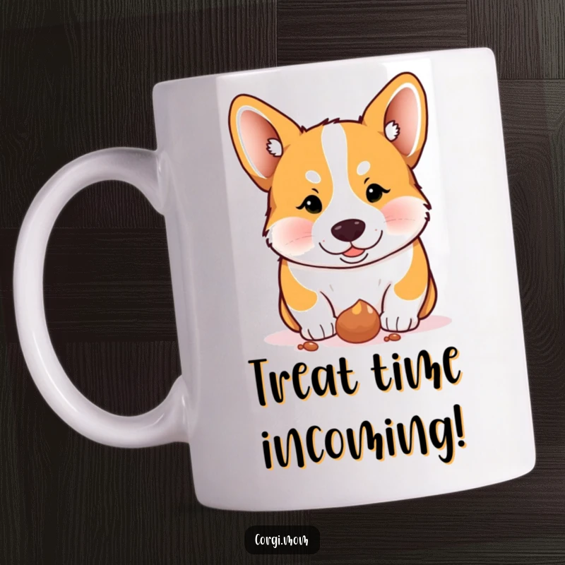 Funny Corgi mug, a Corgi intensely focused on a dropped treat with sheer excitement and anticipation.