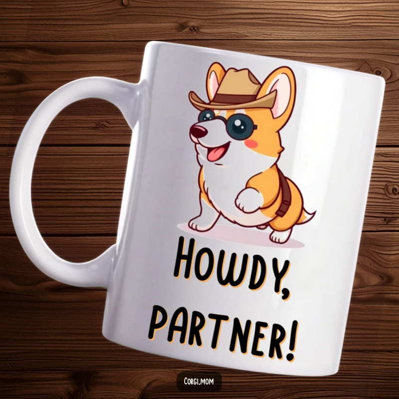 Funny Kawaii Corgi proudly trotting while wearing a tiny cowboy hat, a humorous and charming design.