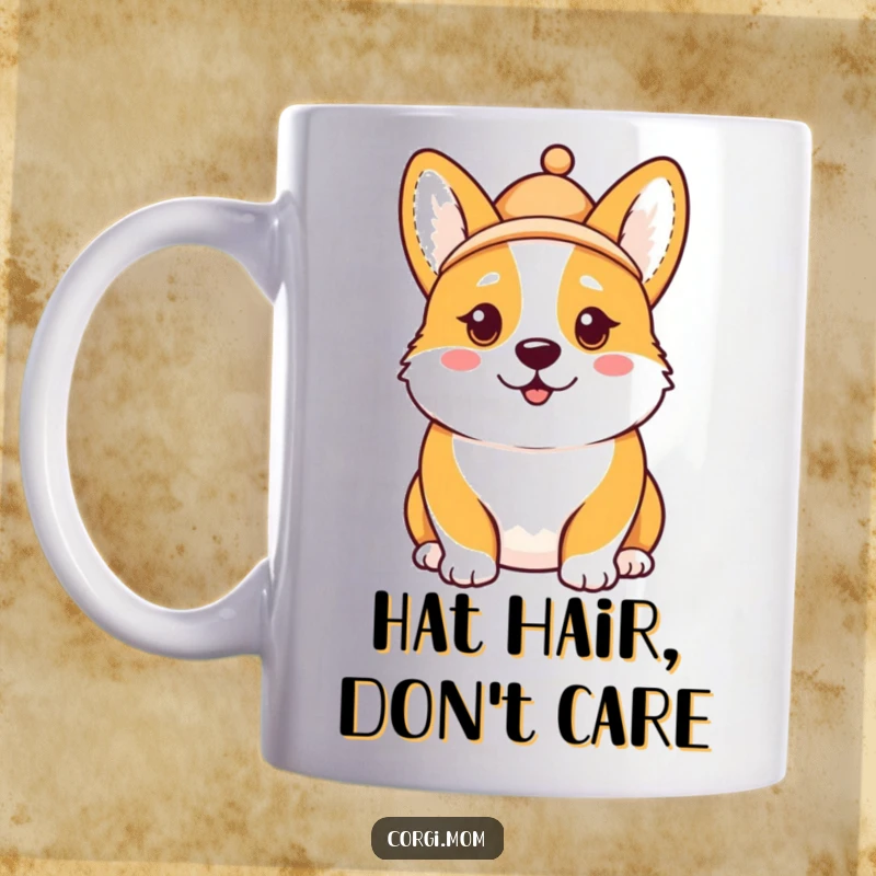 Funny Kawaii Corgi mug with a comical expression, wearing a miniature hat tilted adorably askew, radiating playful charm.