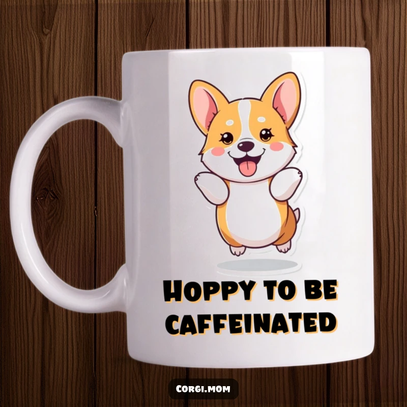Funny kawaii Corgi performs a joyful hop using its short legs, showcasing pure delight on this charming mug.