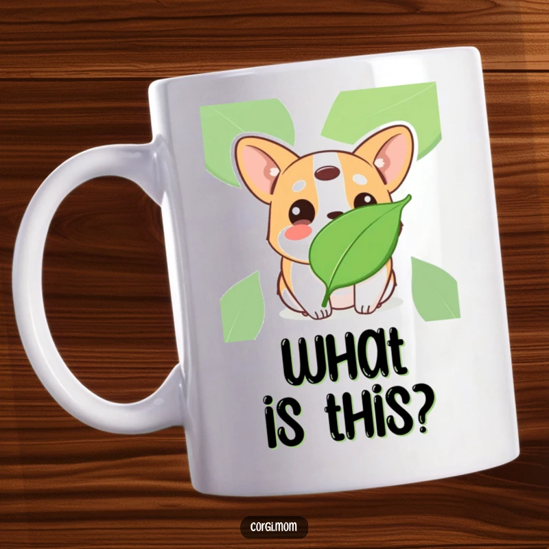 Funny Kawaii Corgi mug, tilting its head with innocent eyes at a floating leaf, showing gentle curiosity.