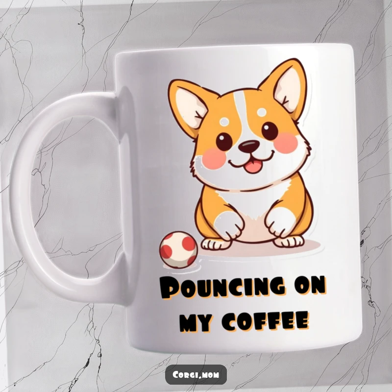 Funny Kawaii Corgi Mug: A cute Corgi in a low, determined squat, ready to pounce on a toy.