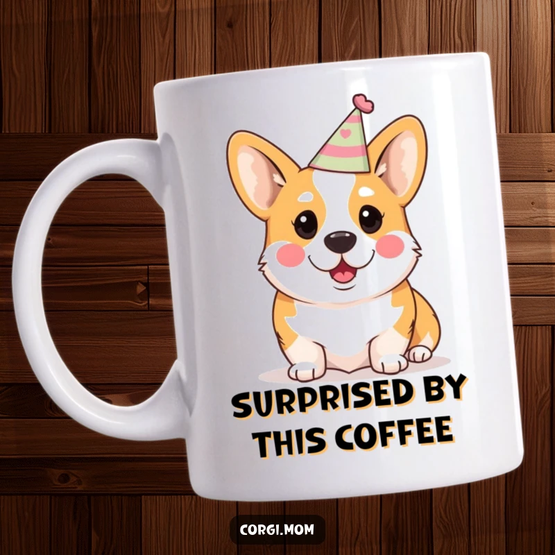Funny Kawaii Corgi Mug: A cute Corgi wearing a small party hat, looking comically surprised.