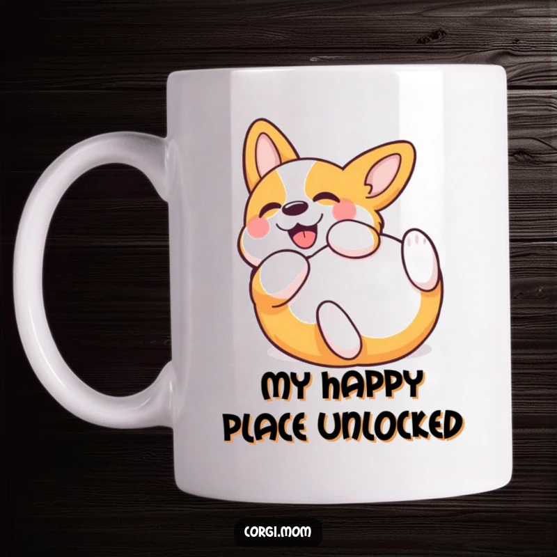 Funny Kawaii Corgi Mug, joyfully rolling on its back with a big smile, perfect for dog enthusiasts. A humorous and cute ceramic gift.