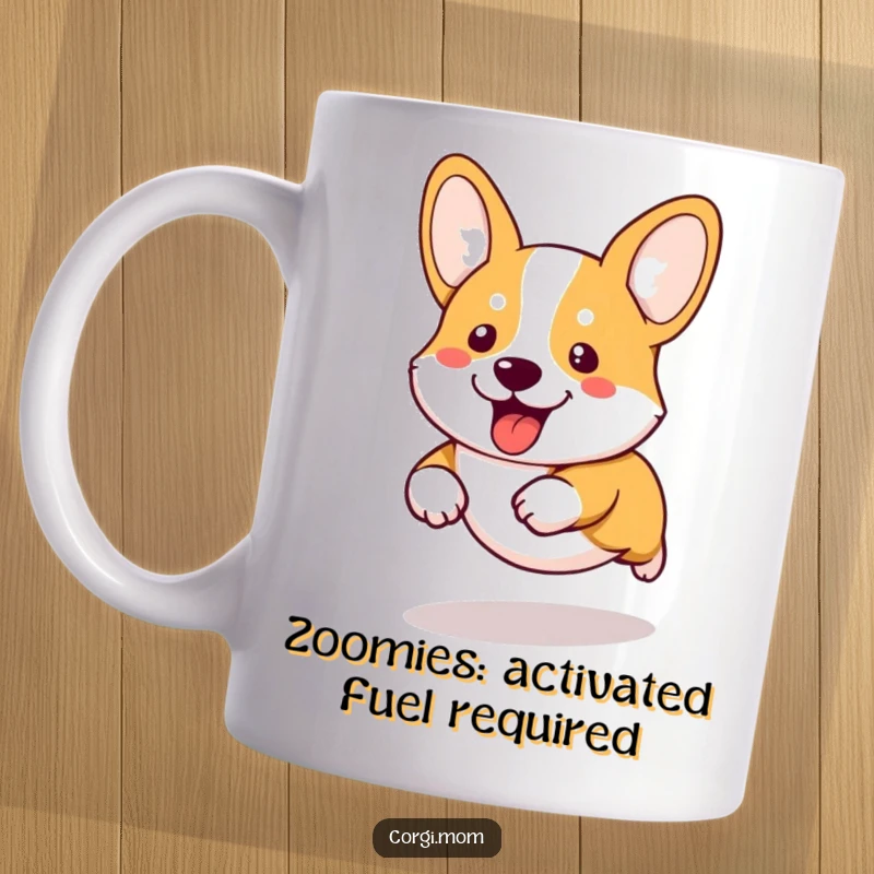 Funny kawaii corgi with comically short legs running at full speed, conveying pure joy and silly energy on a mug.