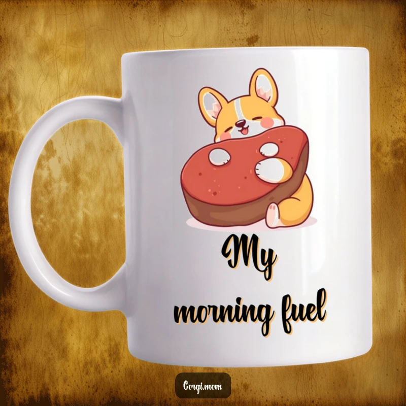 Funny Kawaii Corgi mug, blissfully hugging a giant plush steak with pure happiness, perfect gift for dog lovers.