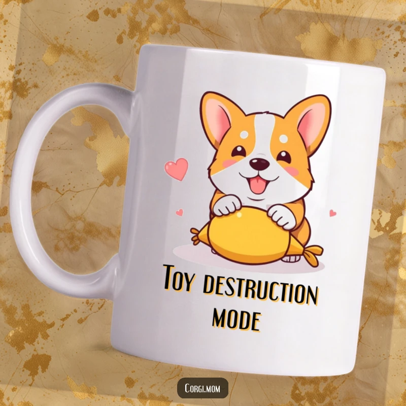 Funny kawaii corgi enthusiastically pouncing on a squeaky toy, captured in a moment of pure, hilarious play on a mug.