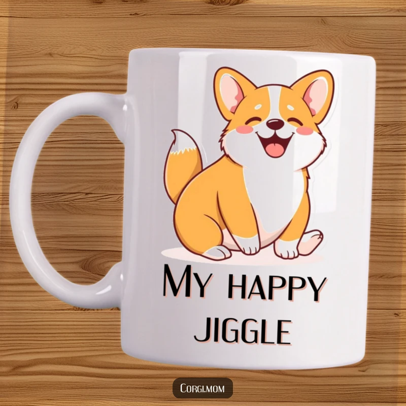 Funny Kawaii Corgi mug showing a cute Corgi wiggling its entire body with pure joy and excitement.