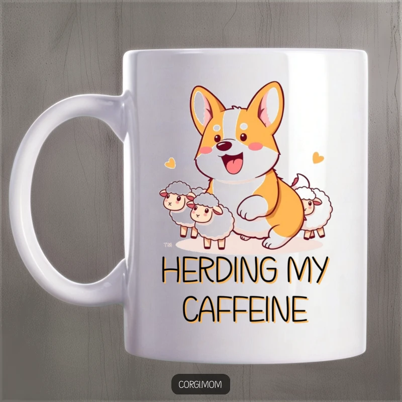 Funny Kawaii Corgi Mug showing an excited corgi intensely herding imaginary sheep with all its might.