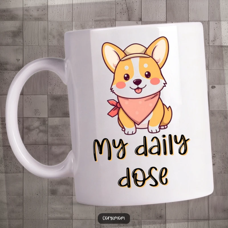 Funny Kawaii Corgi Mug wearing a cute bandana and jaunty hat, looking exceptionally pleased with its stylish outfit.