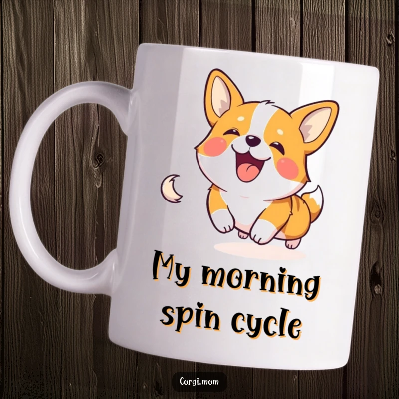 Funny, happy Corgi character gleefully spinning in circles chasing its own tail, depicted on a fun mug.