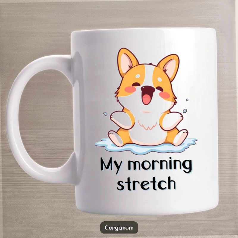 Funny Kawaii Corgi mug showing extreme splooting with legs splayed out, capturing pure joy and relaxation for dog lovers.