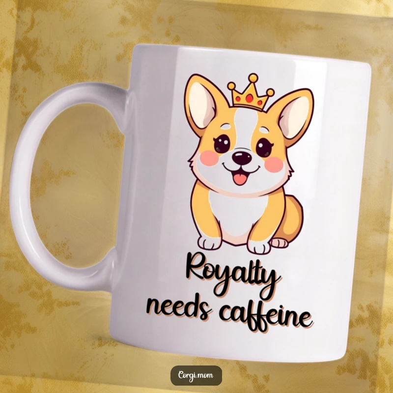 Funny Happy Corgi Mug showing a cute Corgi character wearing a tiny, majestic crown, exuding happiness and royal charm.