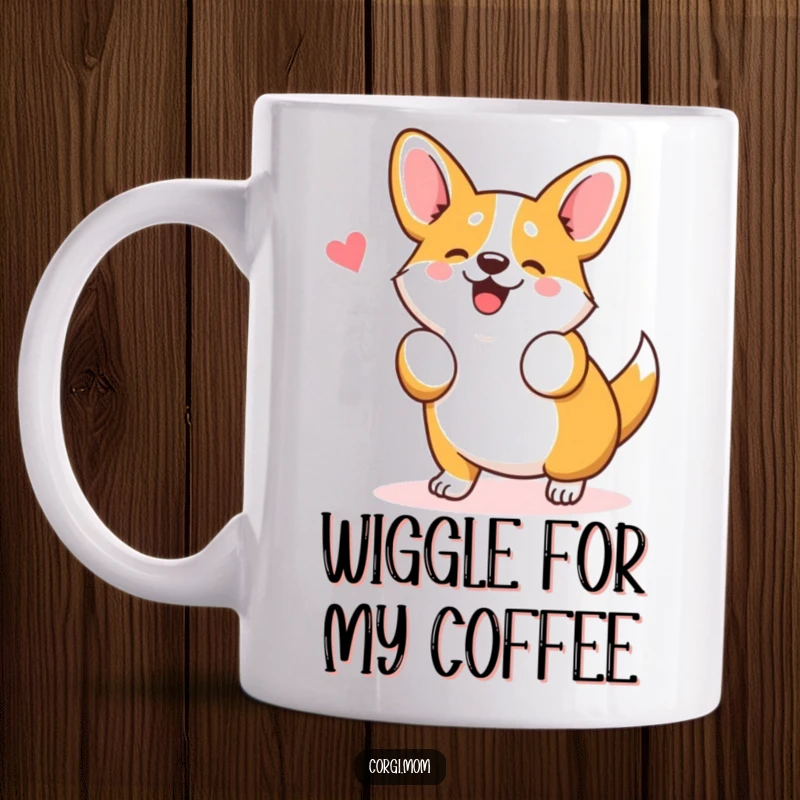 Funny Kawaii Corgi Mug depicting an adorable Corgi doing a silly, energetic wiggle dance, full of happy movement.