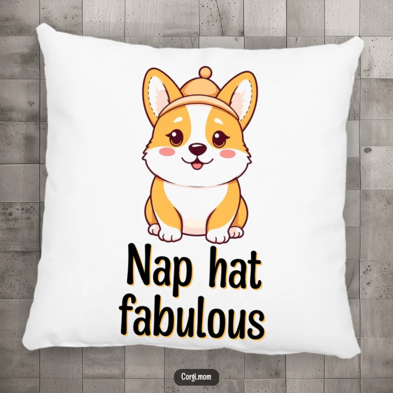 Funny Kawaii Corgi pillow, comical expression, miniature hat askew, providing soft comfort with a side of hilarious canine fashion.