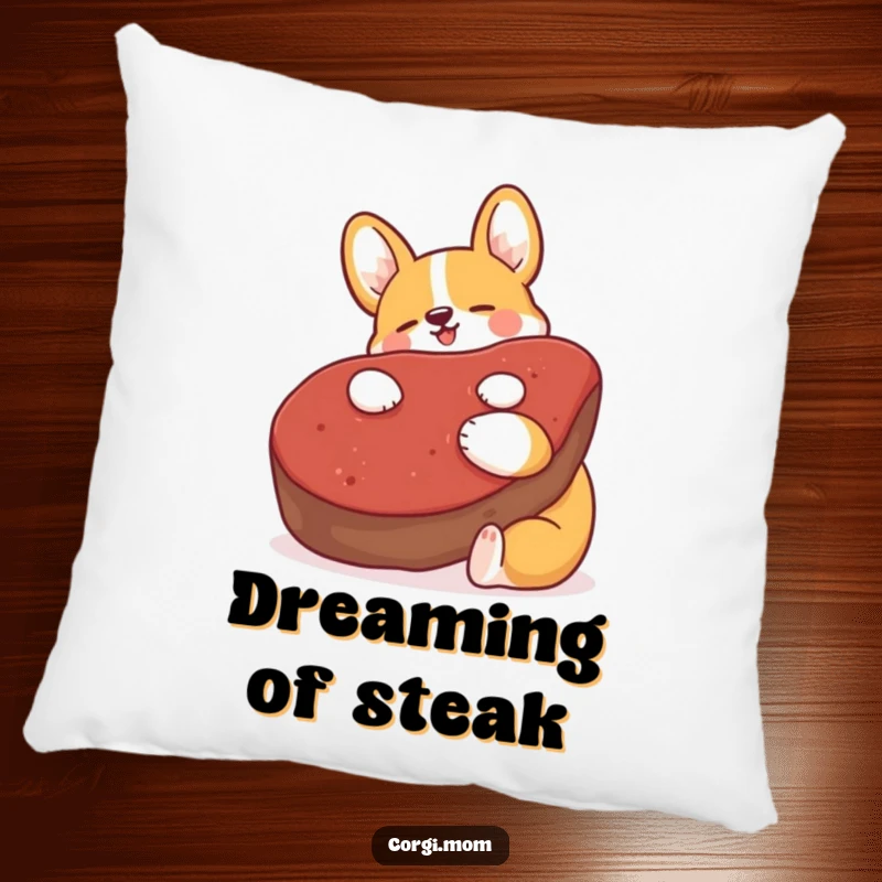 Funny Kawaii Corgi pillow, hugging a large plush steak with ultimate bliss, soft and humorous decorative item.
