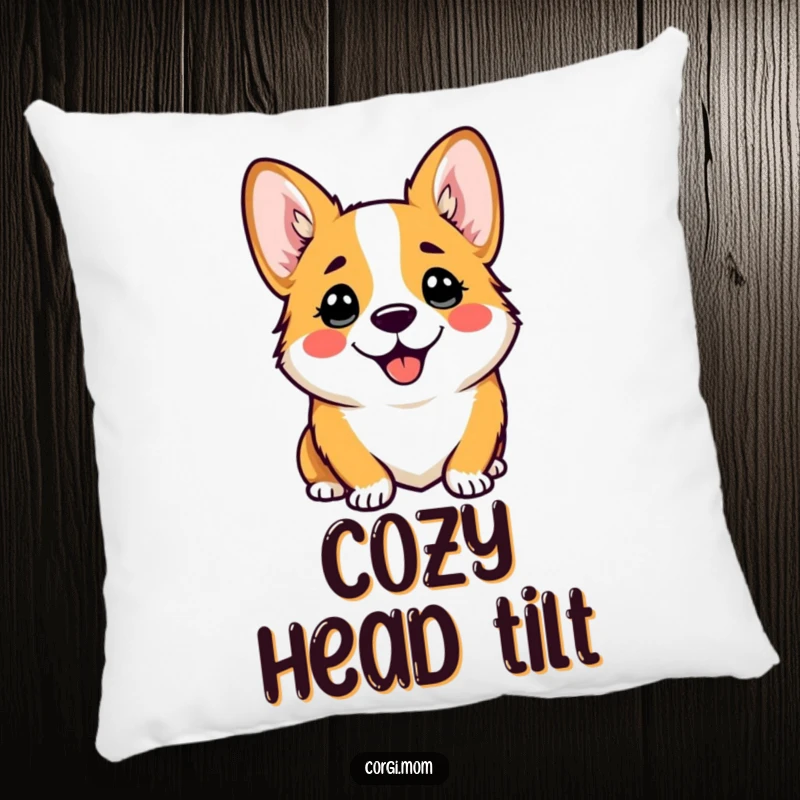 Funny pillow featuring a kawaii corgi with a comically happy head tilt, perfect for adding a touch of adorable decor.