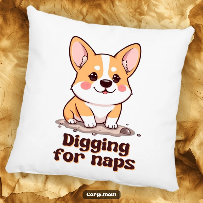 Funny Pillow designed with a determined Kawaii Corgi humorously digging, offering supportive comfort with a side of motivation.