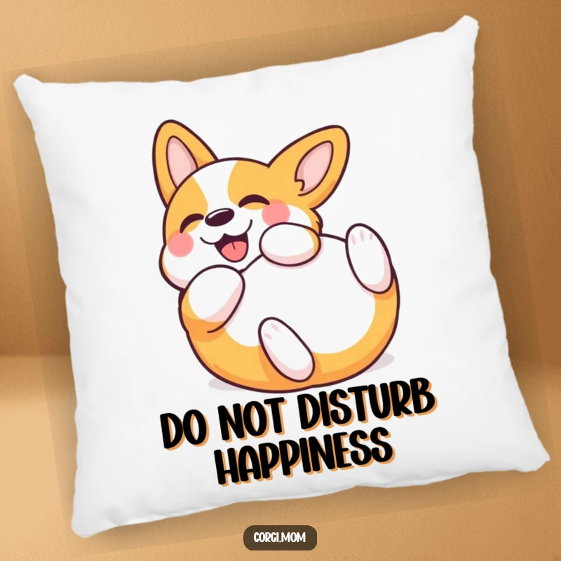 Funny Kawaii Corgi Pillow, soft and plush, shown rolling with pure bliss, a humorous accent for any room. Adorable and funny decor.