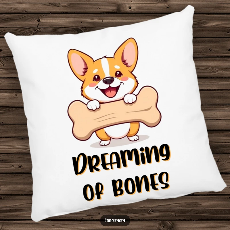 Funny Corgi pillow with a happy dog peeking from behind a bone. Great for cozy humor and a funny gift.