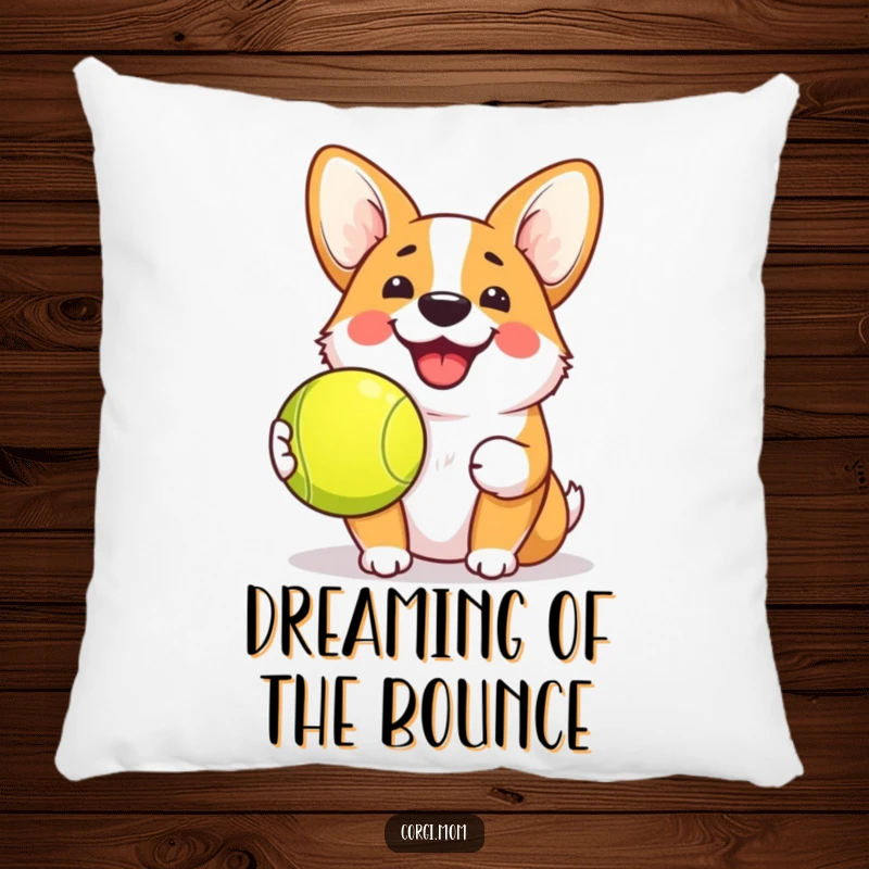 Funny Kawaii Corgi Pillow showing a dog with a grin and tennis ball, perfect for adding humorous and comforting accents.