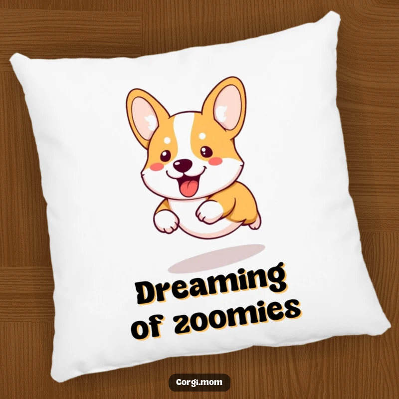 Funny kawaii corgi with comically short legs running, providing a humorous and cute accent on a soft decorative pillow.
