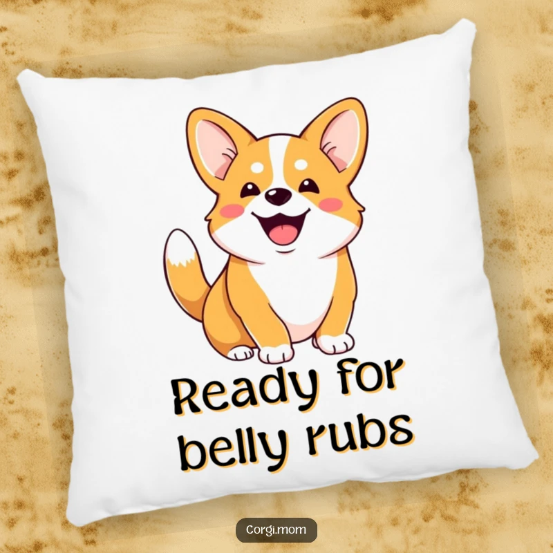 Funny Corgi pillow with a gleeful expression and a wagging stubby tail, a soft and humorous canine accent.