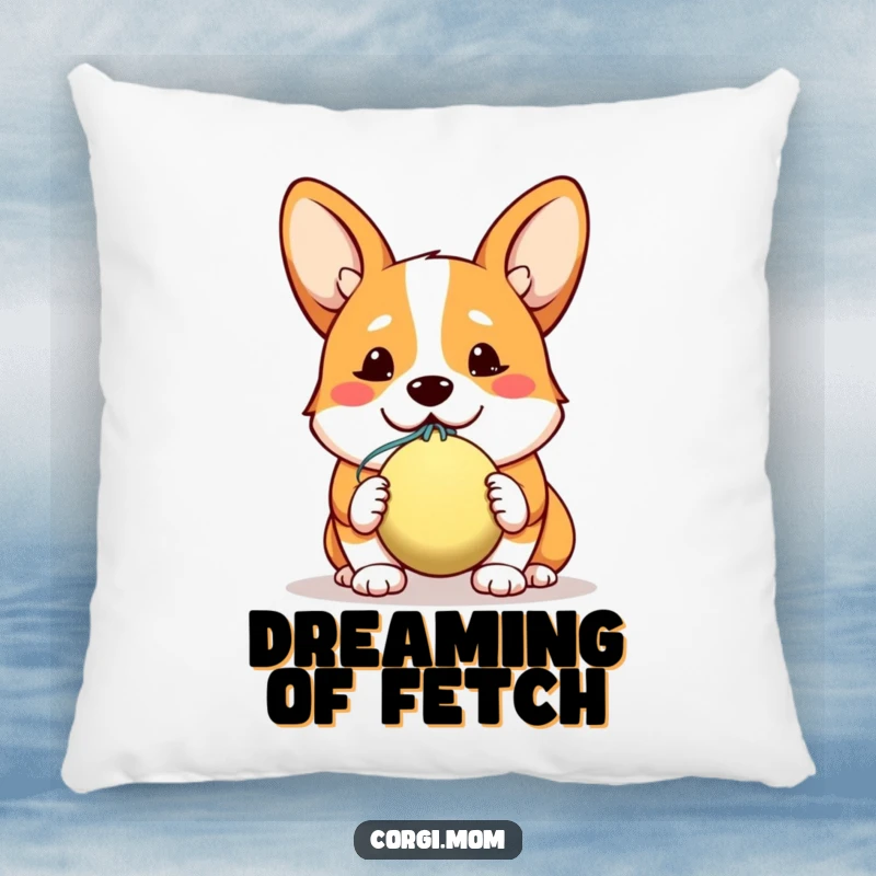 Funny pillow featuring a kawaii corgi offering a slobbery ball with an endearing, hopeful smile, perfect for cozying up.