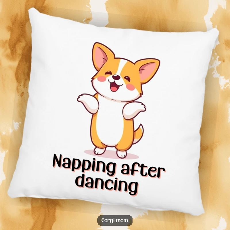 Funny pillow featuring a kawaii corgi doing a silly dance on its hind legs, perfect for adding playful decor.