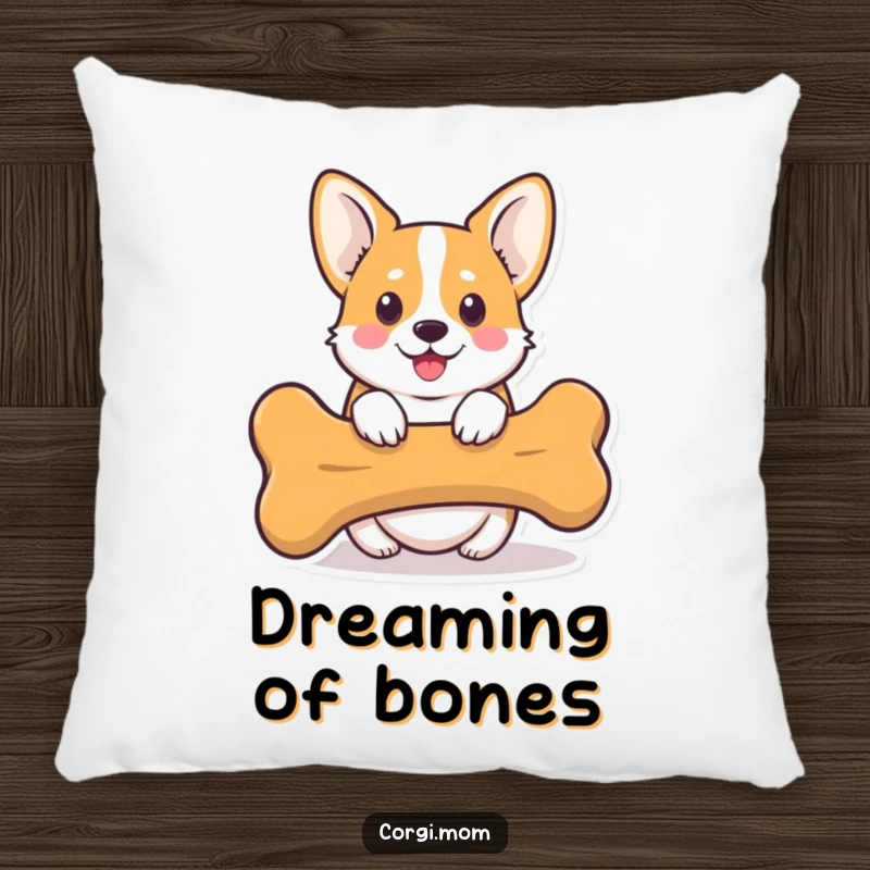 Funny Kawaii Corgi Pillow showing a cute Corgi dog peeking from behind a giant bone, providing humorous comfort and charm.