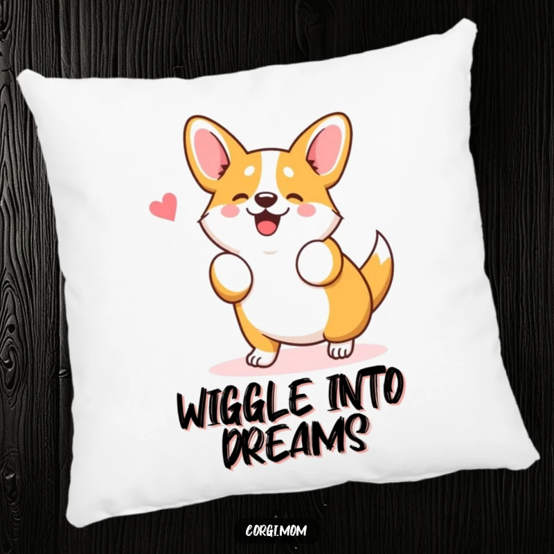 Funny Kawaii Corgi Pillow showing a cute Corgi dog doing a silly wiggle dance, providing humorous comfort and charm.