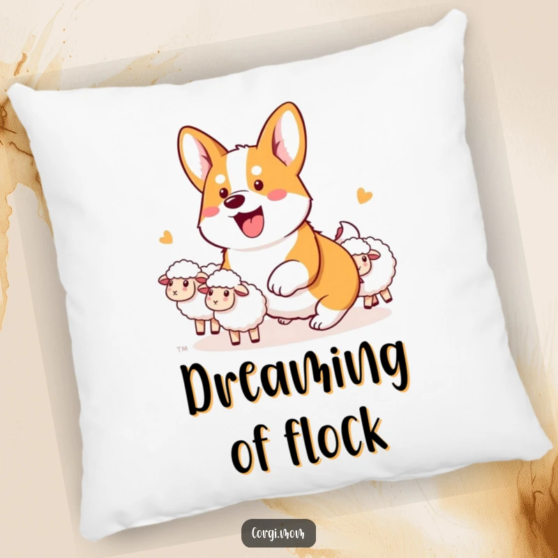 Funny Kawaii Corgi Pillow showcasing an enthusiastic corgi diligently herding a playful bunch of imaginary sheep.