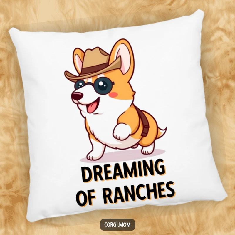 Funny Kawaii Corgi proudly trotting wearing a tiny cowboy hat, a soft and humorous throw pillow.