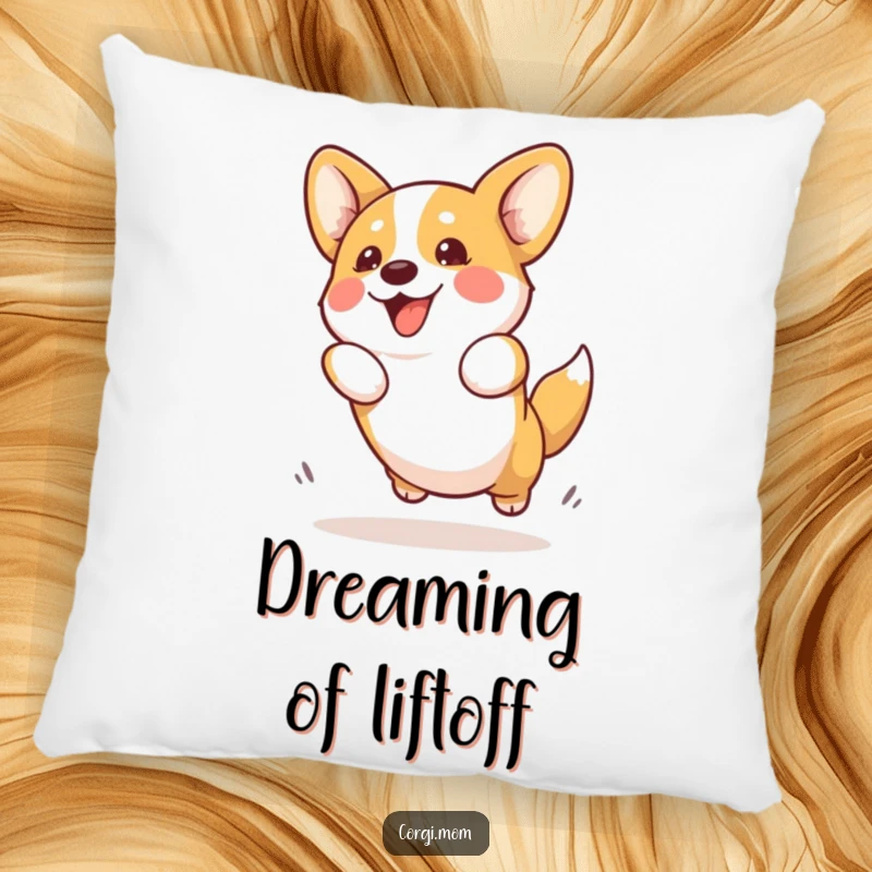 Funny Kawaii Corgi Pillow showing an adorable Corgi dog enthusiastically attempting a playful jump, creating a cute and humorous home decor accent.