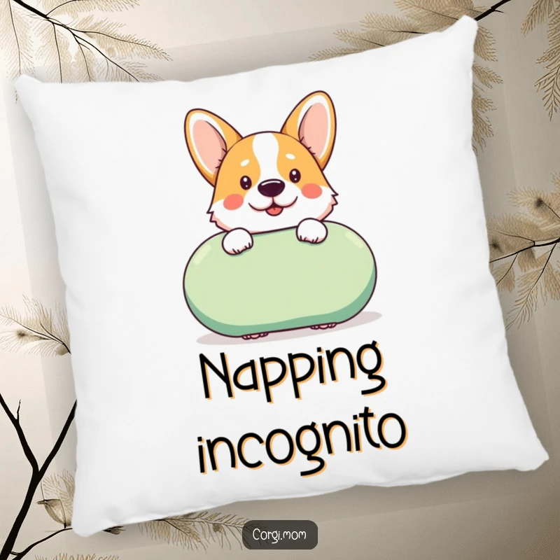 Funny kawaii Corgi peeks cheekily from behind a giant squeaky toy, making this soft pillow a delightful addition to any room.