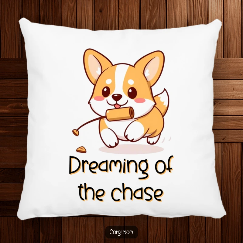 Funny kawaii Corgi with a determined expression chases a rolling treat, making this soft pillow a delightful addition to any room.