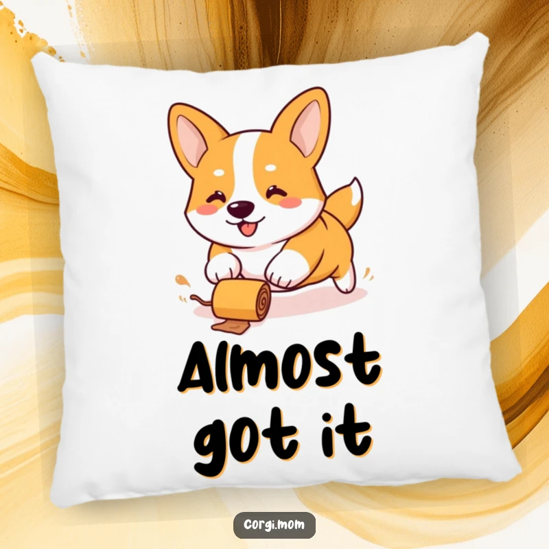 Funny Kawaii Corgi pillow, stubby legs enthusiastically chasing a rolling treat, soft and comforting with a comical doggy theme.