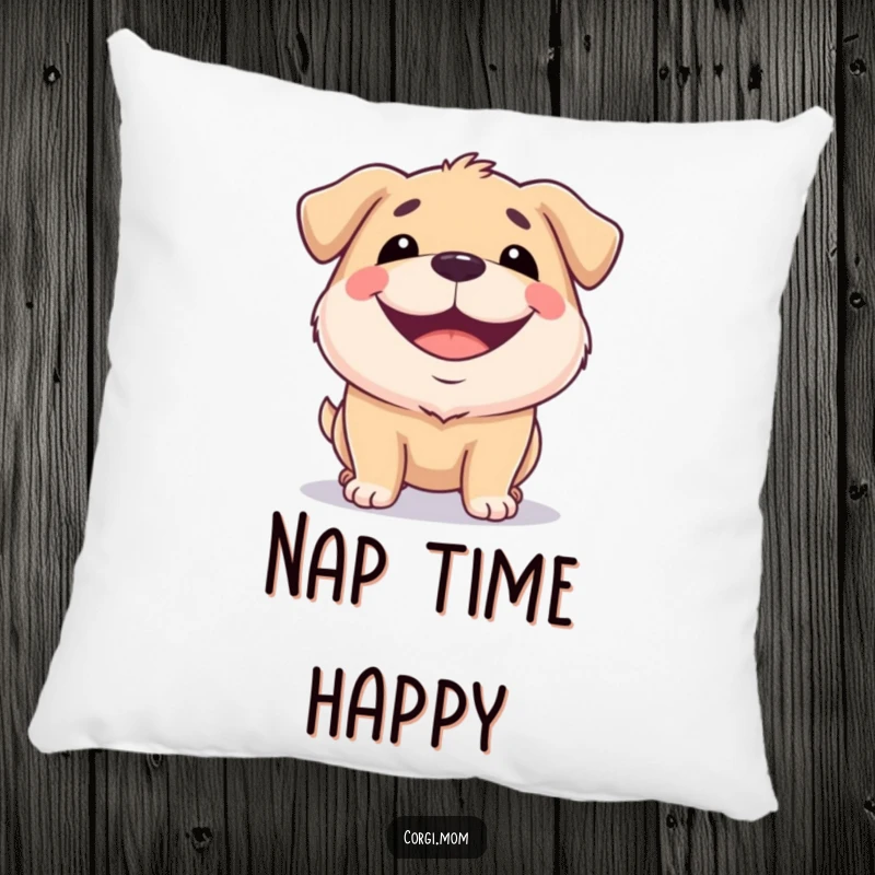 Funny pillow featuring a squat dog with a wide, happy grin, providing comfort and a dose of pure canine joy.