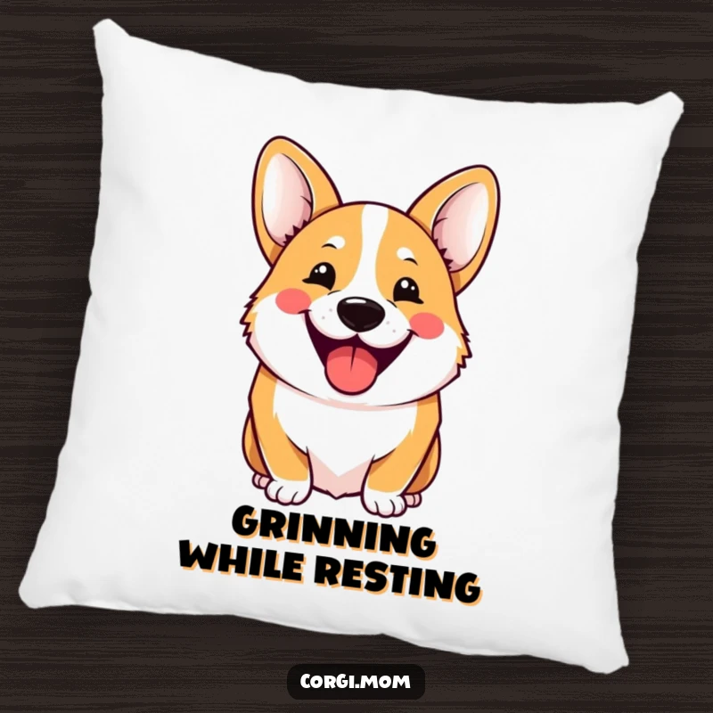Funny Pillow designed with a cheerful Kawaii Corgi sporting a huge, hilarious grin, offering comfort and radiating happiness.