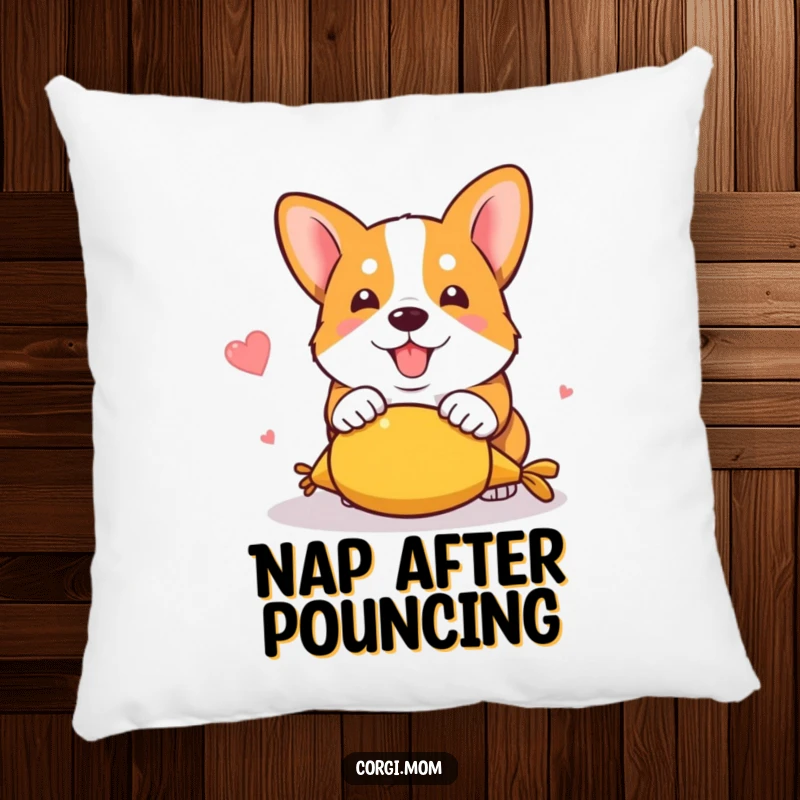 Funny kawaii corgi captured mid-pounce on a squeaky toy, offering a humorous and adorable accent on a soft pillow.
