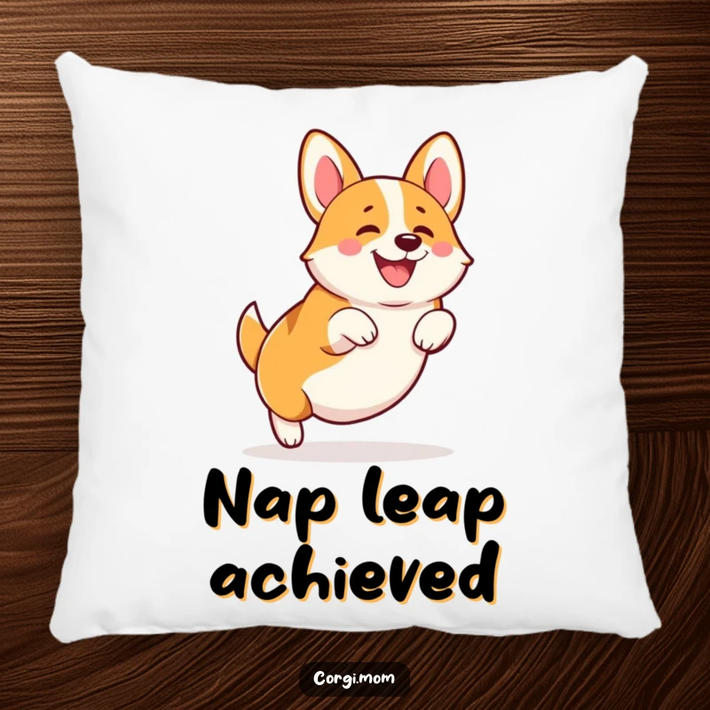 Funny Kawaii Corgi pillow, illustrating a happy squatting leap with stubby legs, perfect for adding cheer and comfort to any room.