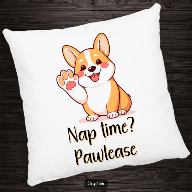 Funny Corgi pillow showcasing a happy Corgi offering a friendly paw with a panting expression, adding humor and comfort.