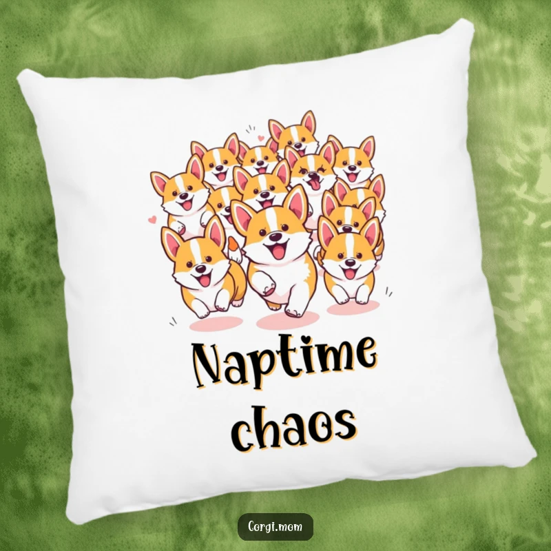 Funny Kawaii Corgi pillow featuring a charming, chaotic pack of dogs running together, bringing comfort and laughter.