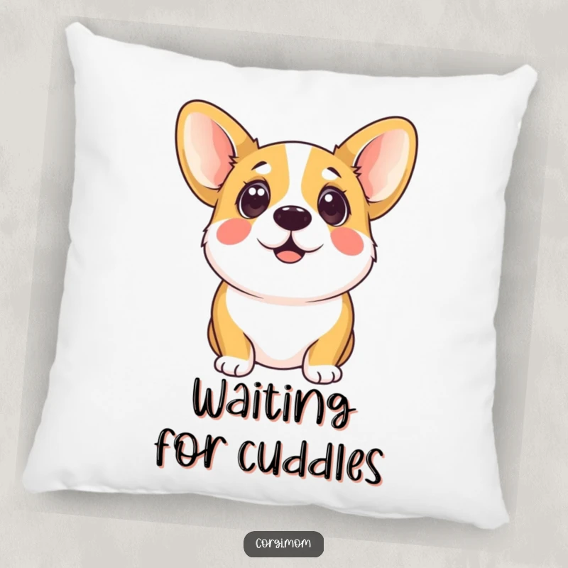 Funny kawaii corgi with wide, soulful, eager eyes looking up, providing a humorous and endearing accent on a soft pillow.