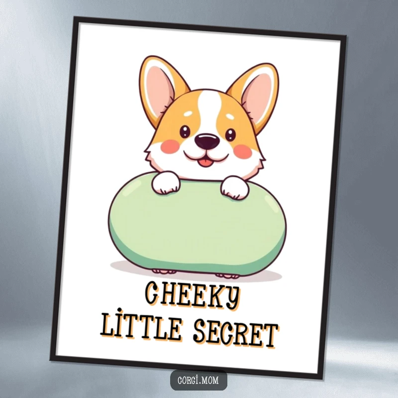 Funny kawaii Corgi peeks cheekily from behind a giant squeaky toy, depicted in a downloadable art print for instant cheer.