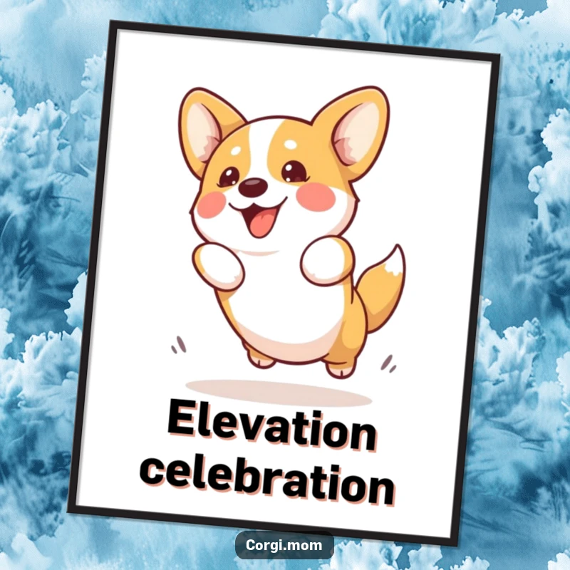 Funny Kawaii Corgi Digital Art showing an adorable Corgi dog joyfully and enthusiastically attempting a playful jump, ready to be printed.