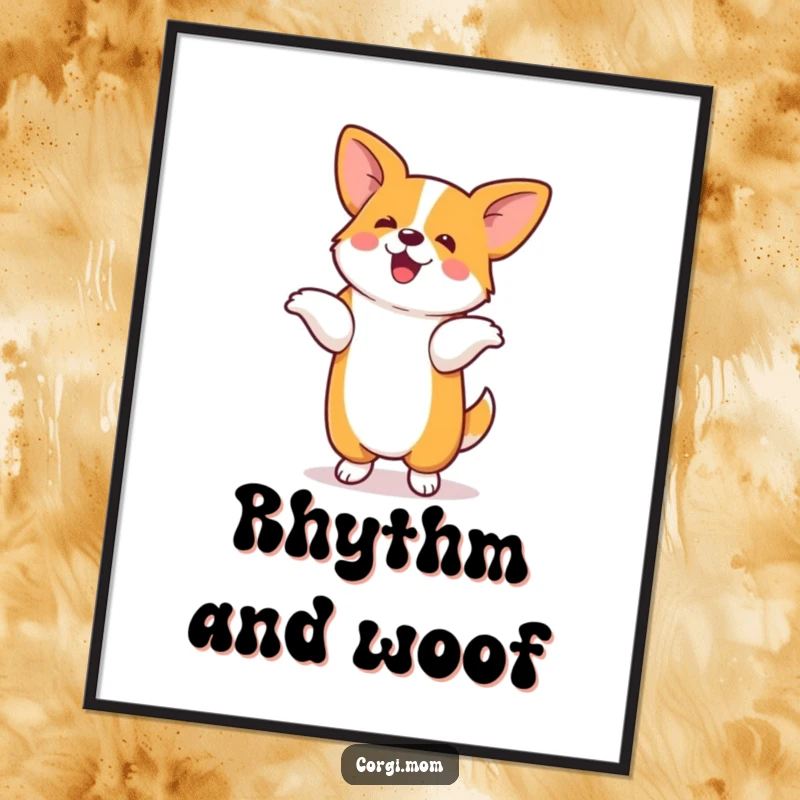 Funny digital art print of a kawaii corgi doing a silly dance on its hind legs, capturing pure, joyful movement.