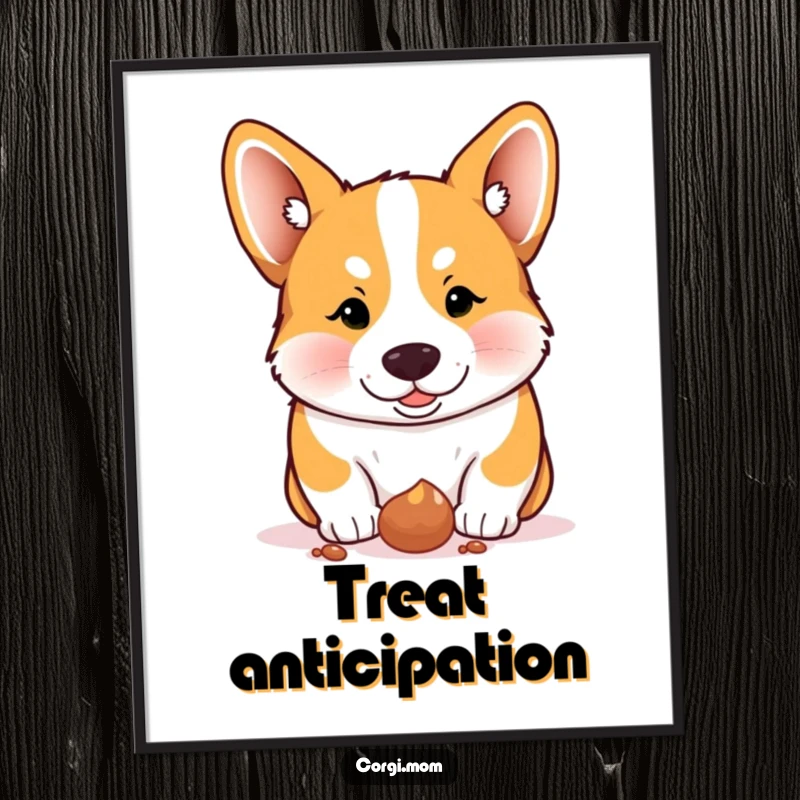 Funny Corgi digital art print, a Corgi intently focused on a dropped treat, ready for display.