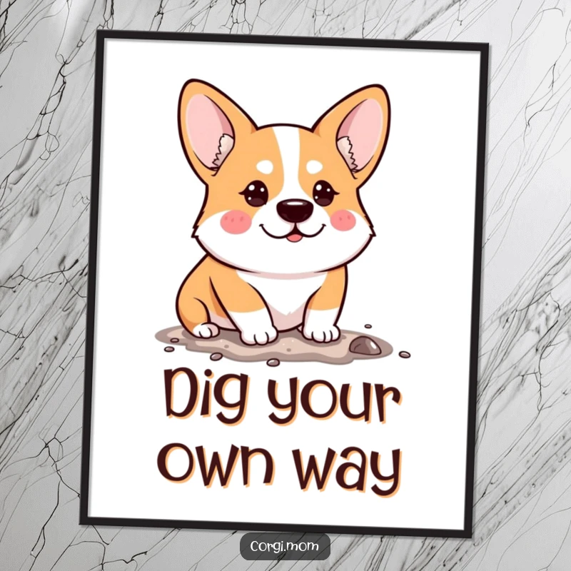 Funny Digital Art Print of a Kawaii Corgi with a determined look, humorously digging, perfect for adding instant motivation.