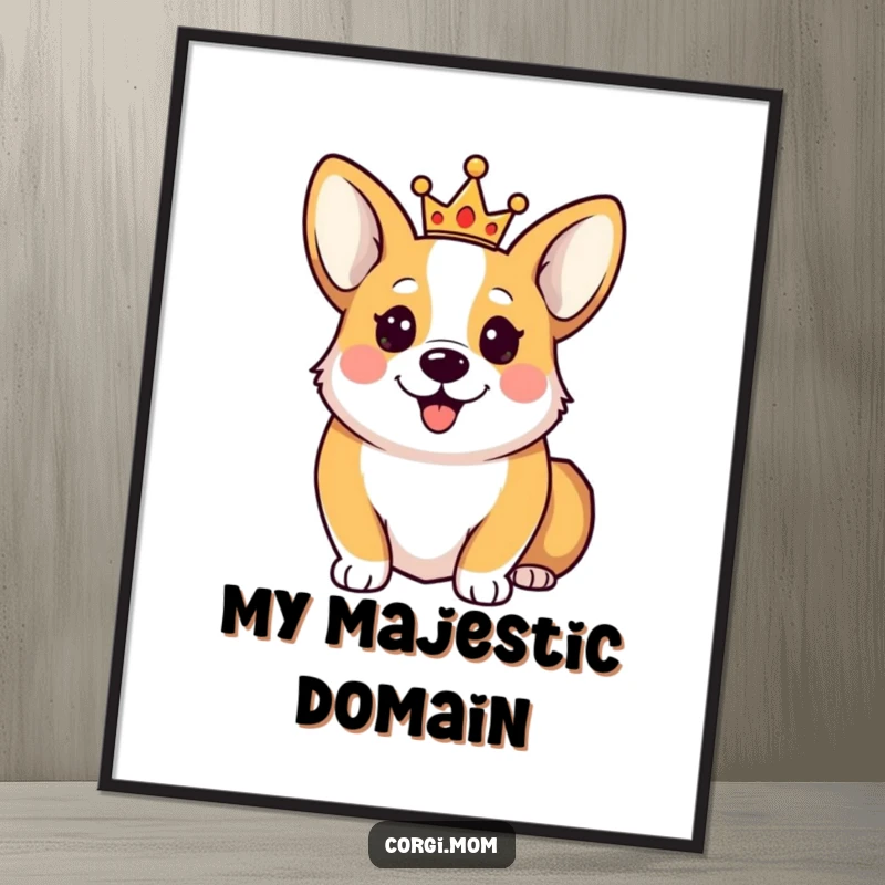 Funny Happy Corgi Digital Art showing a cute Corgi dog wearing a tiny crown, exuding royal happiness and ready to be printed.